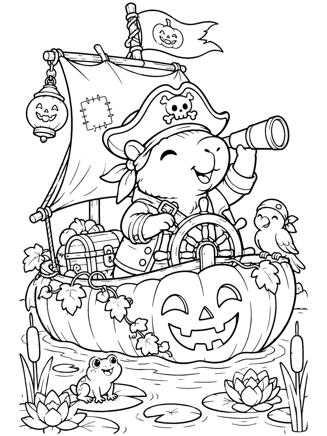 Capybara Pirate in a Pumpkin Boat