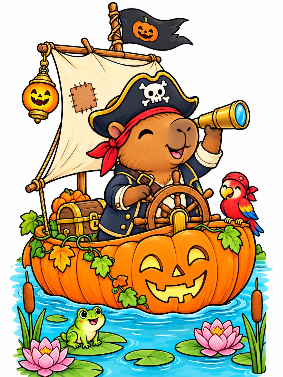 Capybara Pirate in a Pumpkin Boat