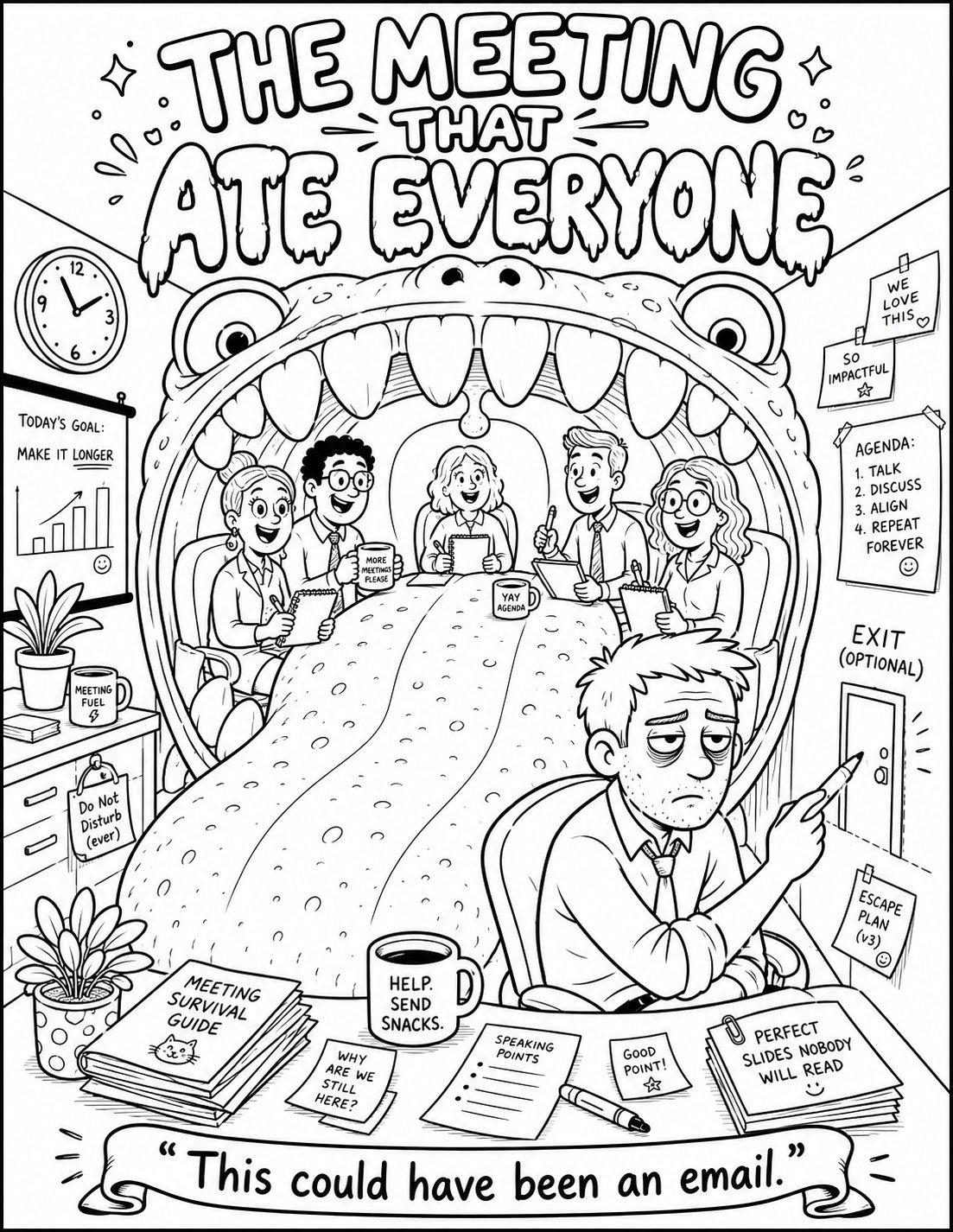 Cozy Office Panic Malseite – Bürohumor Illustration
