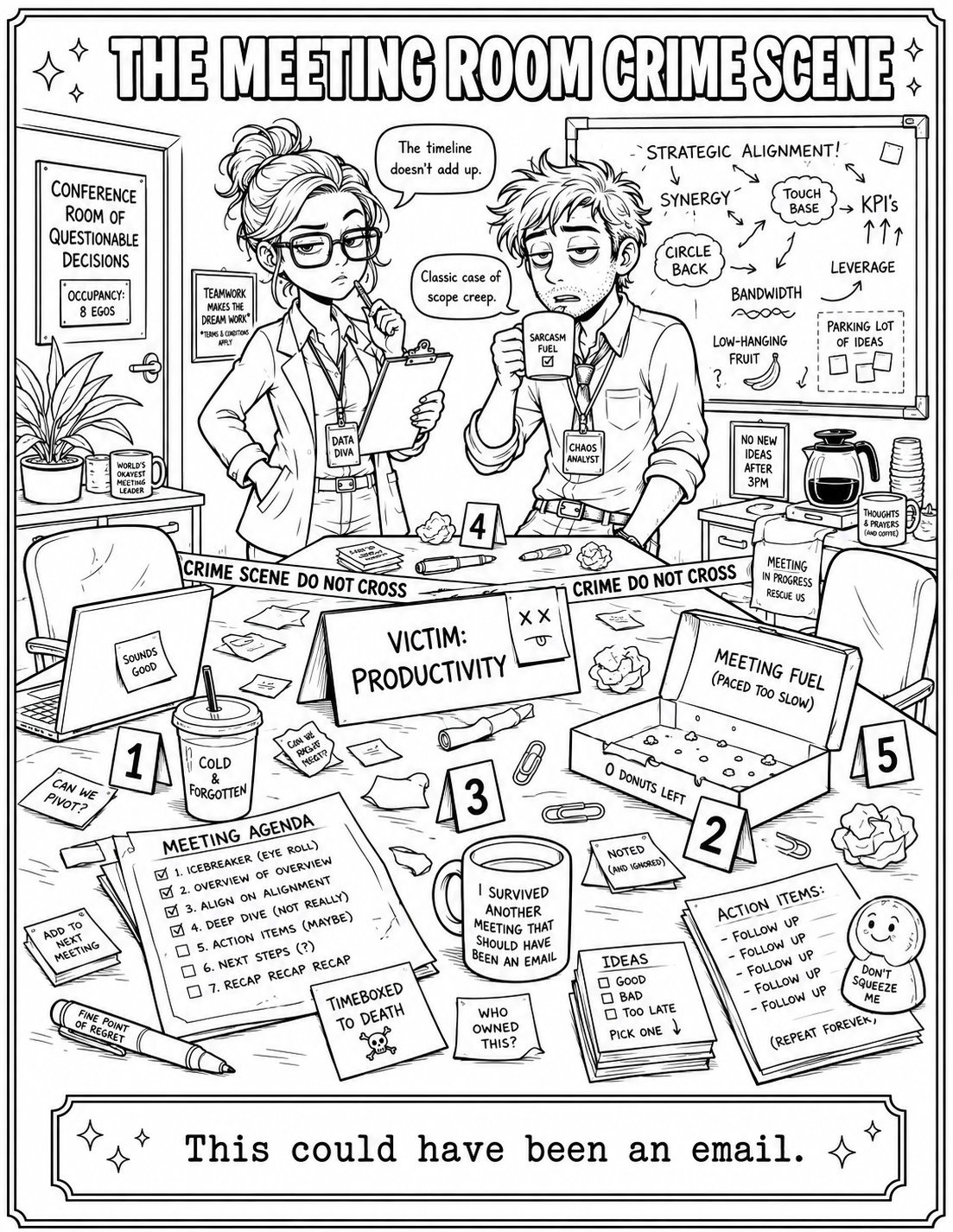 Cozy Office Panic Malseite – Kawaii Büro Illustration