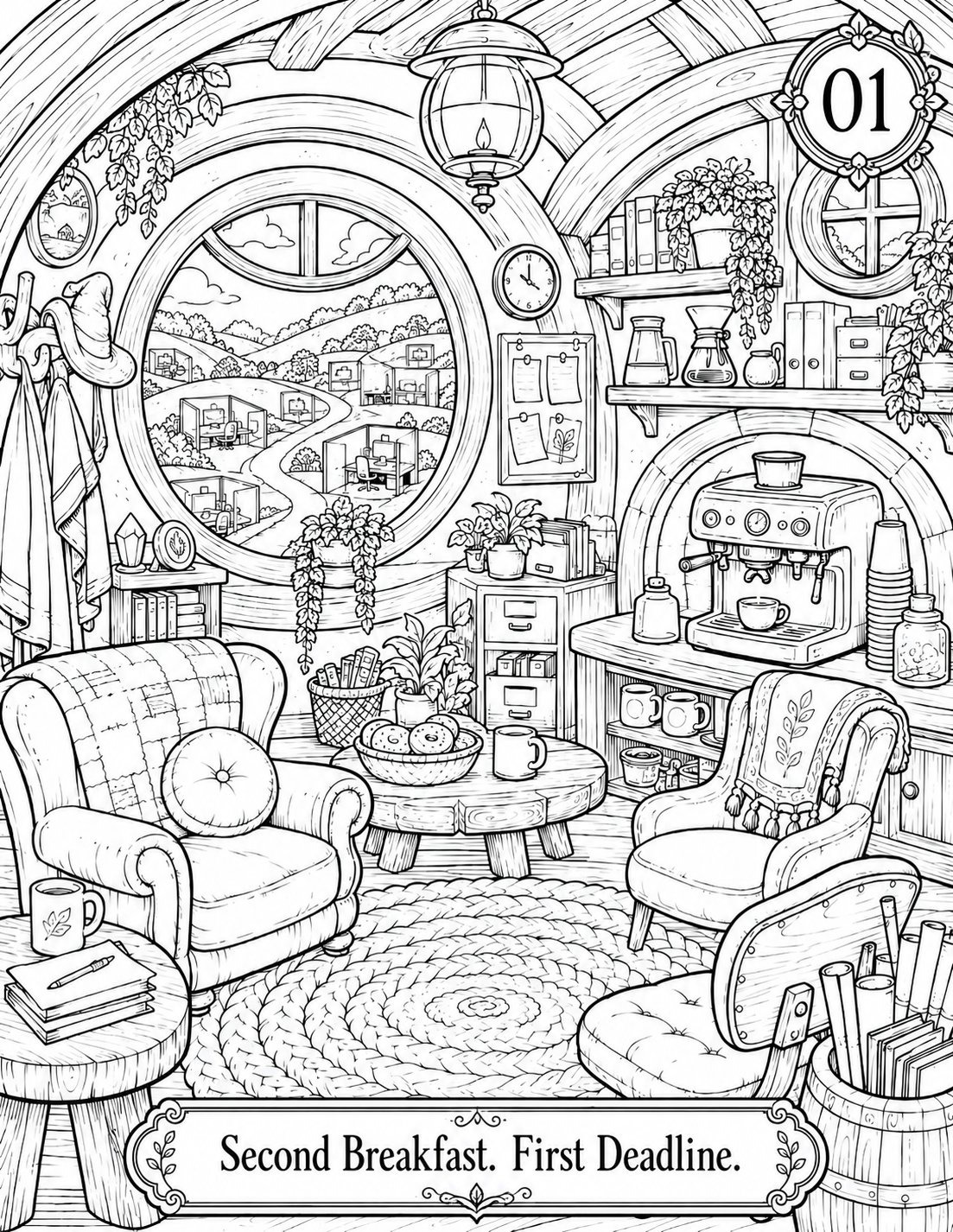Cozy Office Panic Malseite – Kawaii Büro Illustration